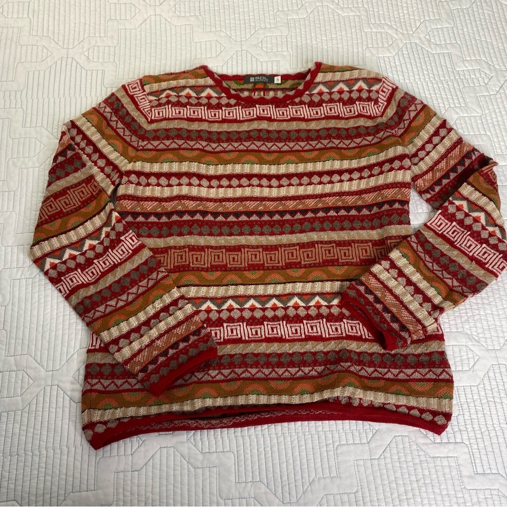 Sol Alpaca Women’s Baby Alpaca Sweater Pullover Size Small Red Aztec PERÚ